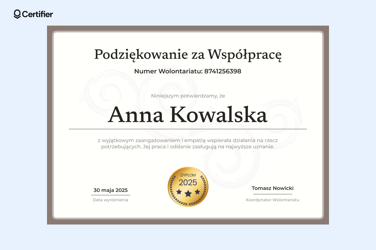 Poziomy dyplom podziękowania za współpracę w brązowych kolorach. Poziomy dyplom podziękowania za współpracę w brązowych kolorach.