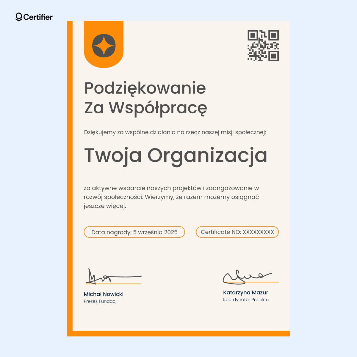 Pomarańczowe podziękowania za współpracę z kodem QR do elektronicznej wersji certyfikatu. Pomarańczowe podziękowania za współpracę z kodem QR do elektronicznej wersji certyfikatu.