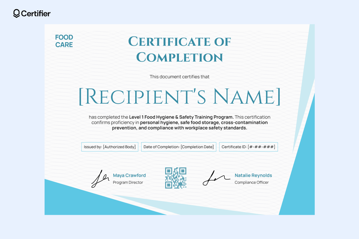 A professional food hygiene certificate template with a blue and white design, featuring editable fields for recipient details, course information, signatures and a QR code. A professional food hygiene certificate template with a blue and white design, featuring editable fields for recipient details, course information, signatures and a QR code.