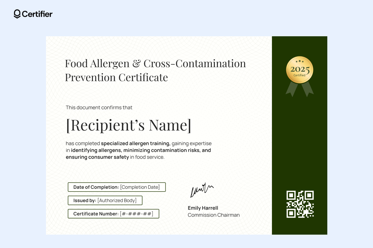 A food allergen and cross-contamination certificate template with a green accent, gold seal, QR code and editable certification details. A food allergen and cross-contamination certificate template with a green accent, gold seal, QR code and editable certification details.