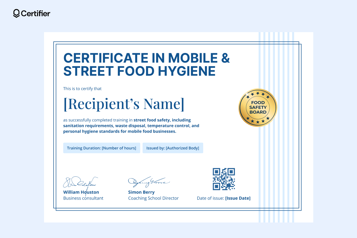 A printable street food hygiene certificate template with structured training details, issuer fields, signatures, a QR code and a gold certification seal. A printable street food hygiene certificate template with structured training details, issuer fields, signatures, a QR code and a gold certification seal.