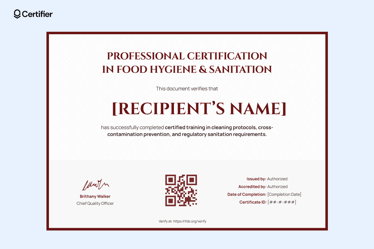 A professional food hygiene certificate template with red accents, a central QR code and structured fields for recipient details and verification. A professional food hygiene certificate template with red accents, a central QR code and structured fields for recipient details and verification.