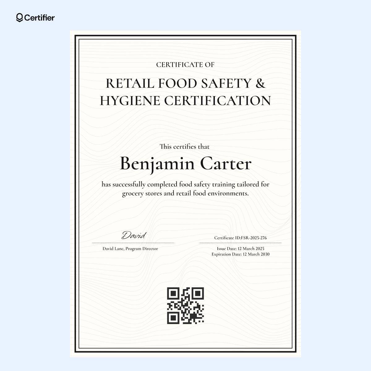 A minimalist retail food safety certificate template with a black border, subtle wave background, QR code and ample space for customization. A minimalist retail food safety certificate template with a black border, subtle wave background, QR code and ample space for customization.