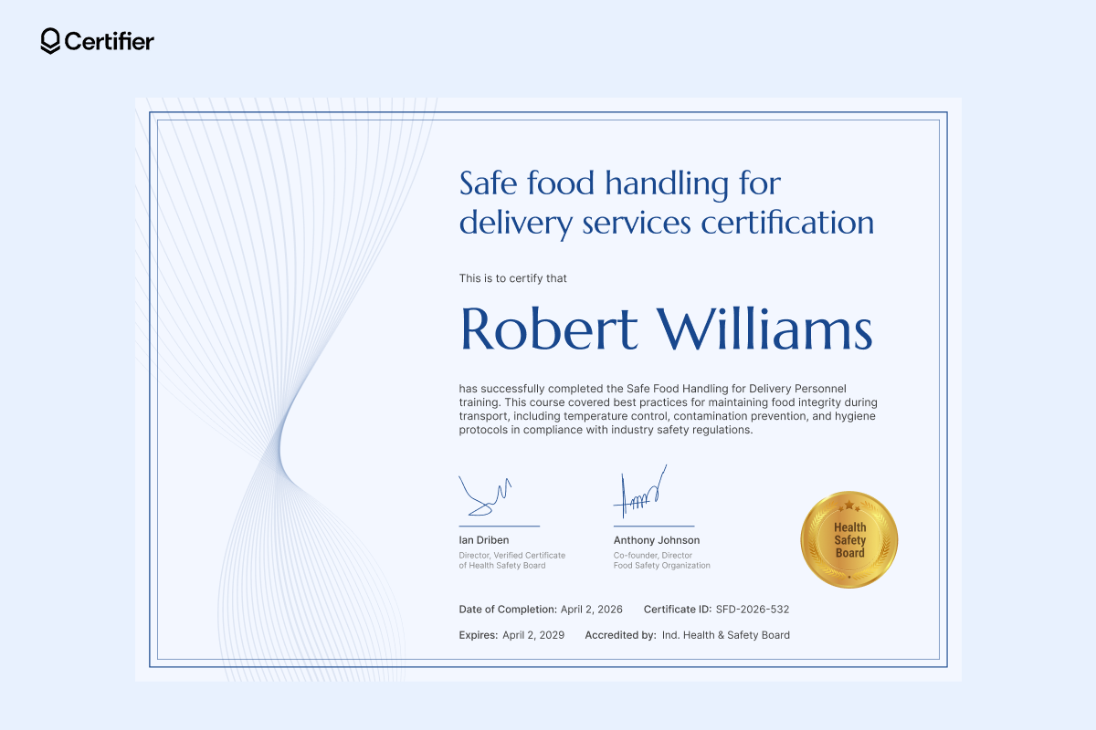 A professional food safety certificate template for delivery personnel with a blue design, gold certification seal, dual signatures and structured accreditation details. A professional food safety certificate template for delivery personnel with a blue design, gold certification seal, dual signatures and structured accreditation details.