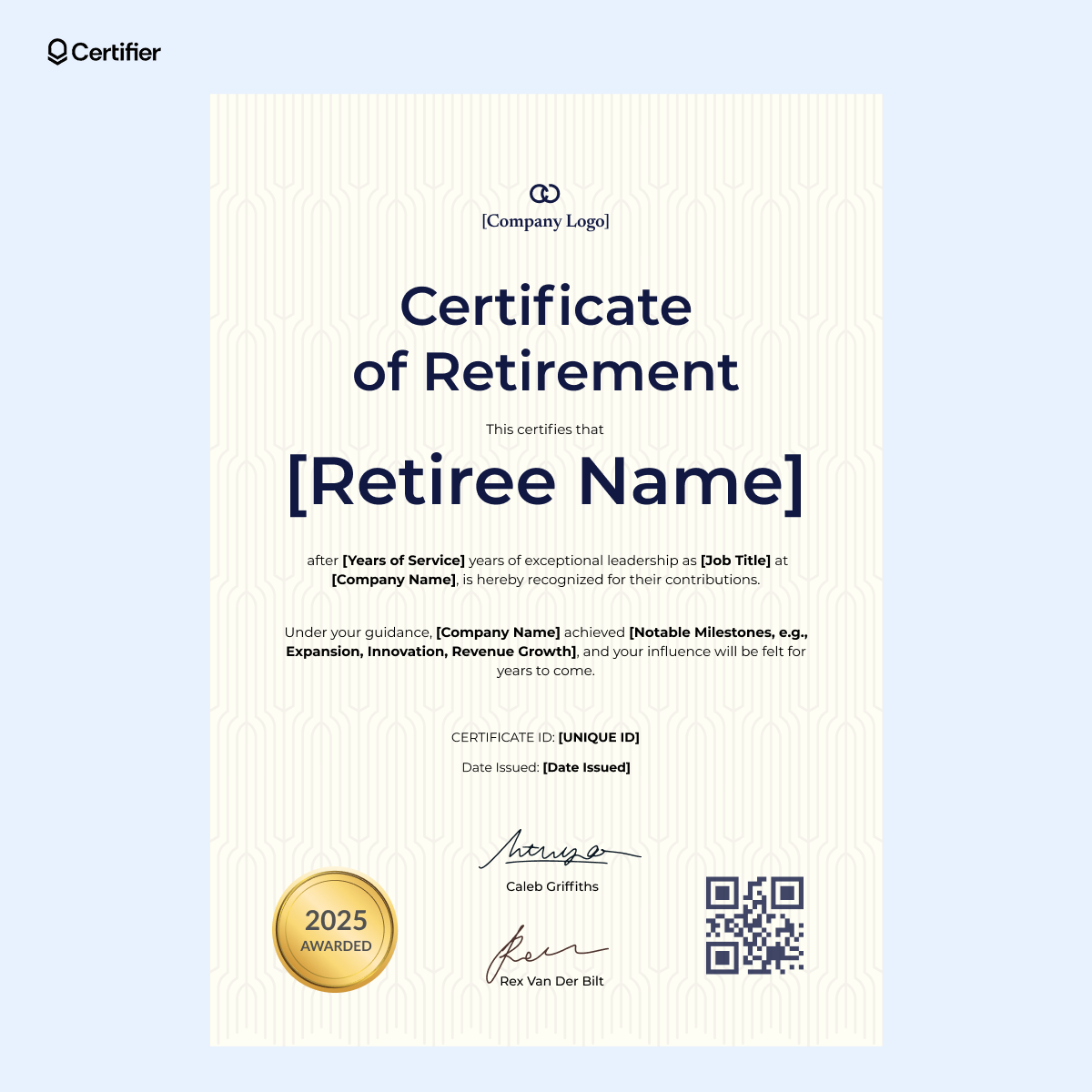 Corporate retirement certificate template Word with logo placeholder, editable job title and milestone fields, QR code and retirement year badge. Corporate retirement certificate template Word with logo placeholder, editable job title and milestone fields, QR code and retirement year badge.