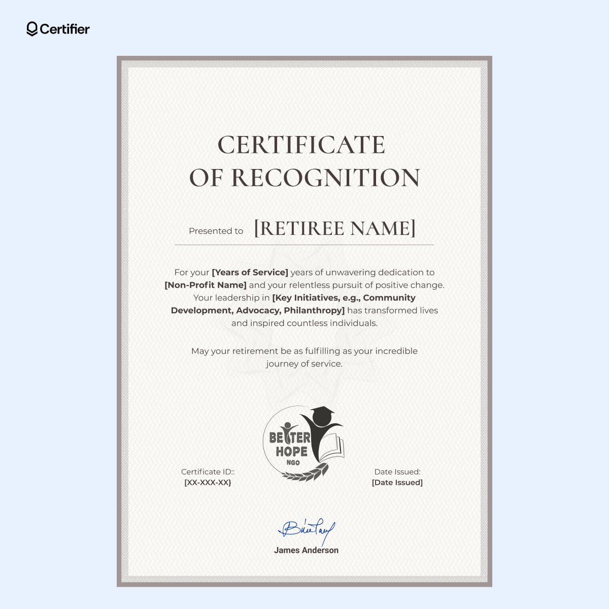 NGO retirement certificate with minimal gray border, editable nonprofit name and initiatives and subtle background pattern. NGO retirement certificate with minimal gray border, editable nonprofit name and initiatives and subtle background pattern.