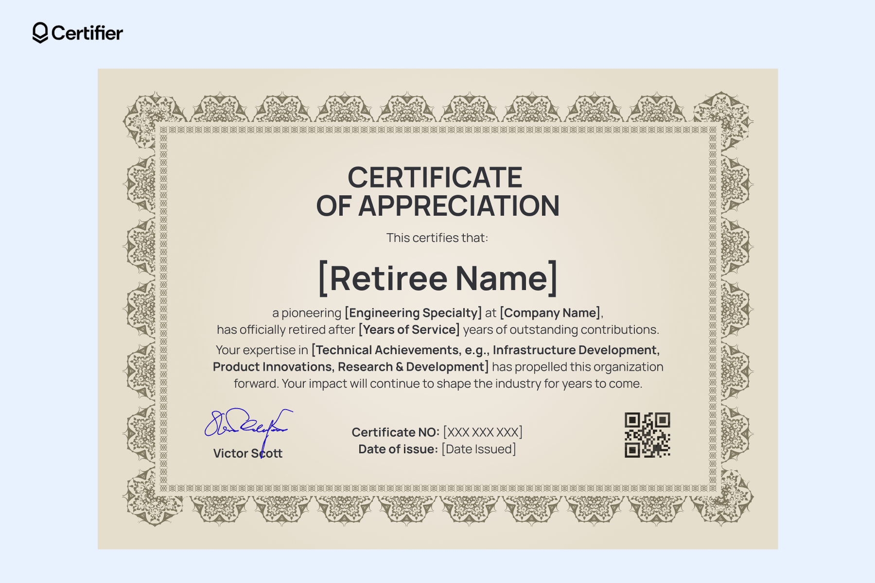 Engineer free printable retirement certificate template with detailed patterned border, editable technical achievements and QR code for digital tribute. Engineer free printable retirement certificate template with detailed patterned border, editable technical achievements and QR code for digital tribute.