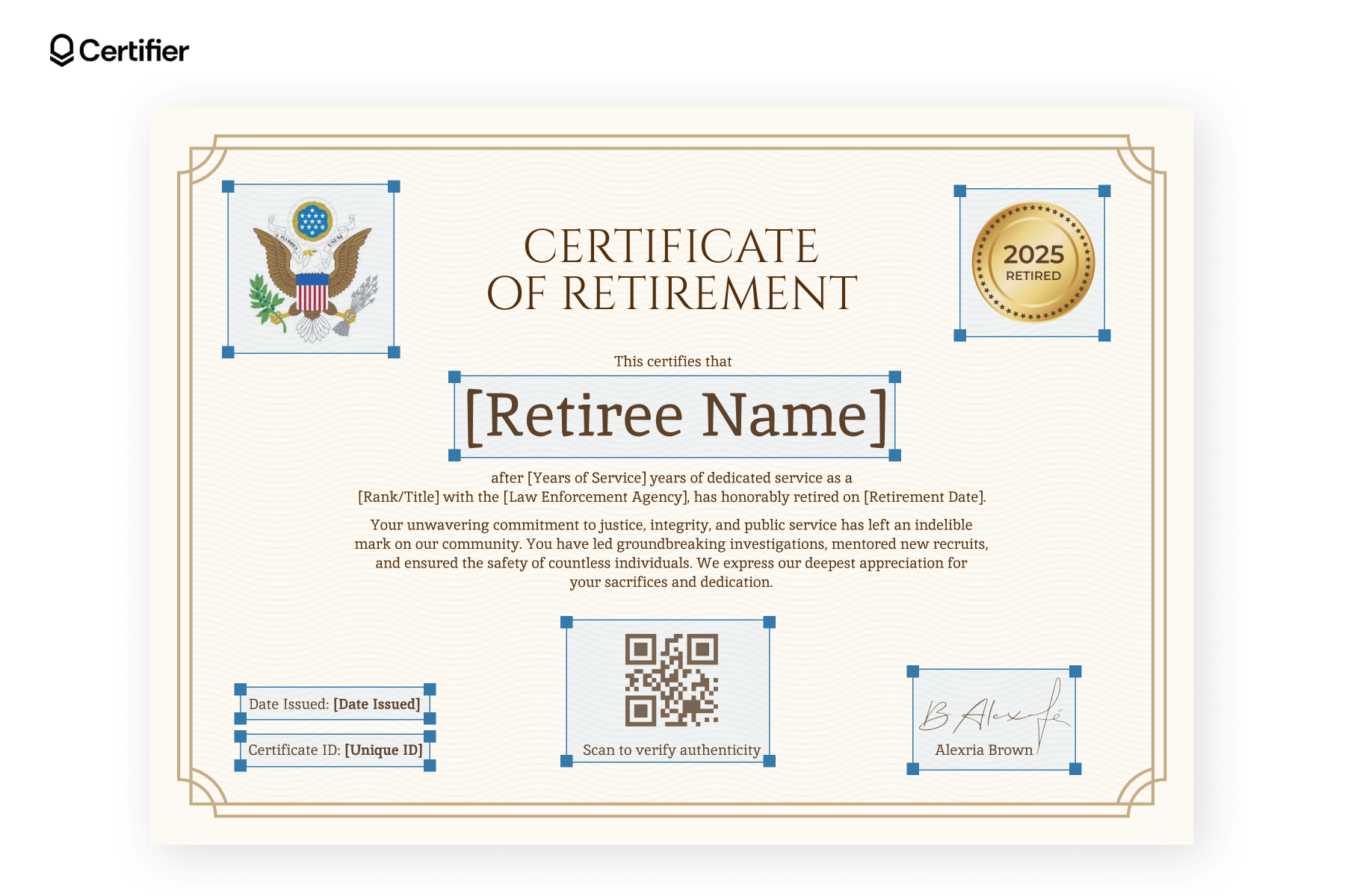 A free retirement certificate template with dynamic fields that can be automatically populated when issuing certificates with Certifier highlighted A free retirement certificate template with dynamic fields that can be automatically populated when issuing certificates with Certifier highlighted