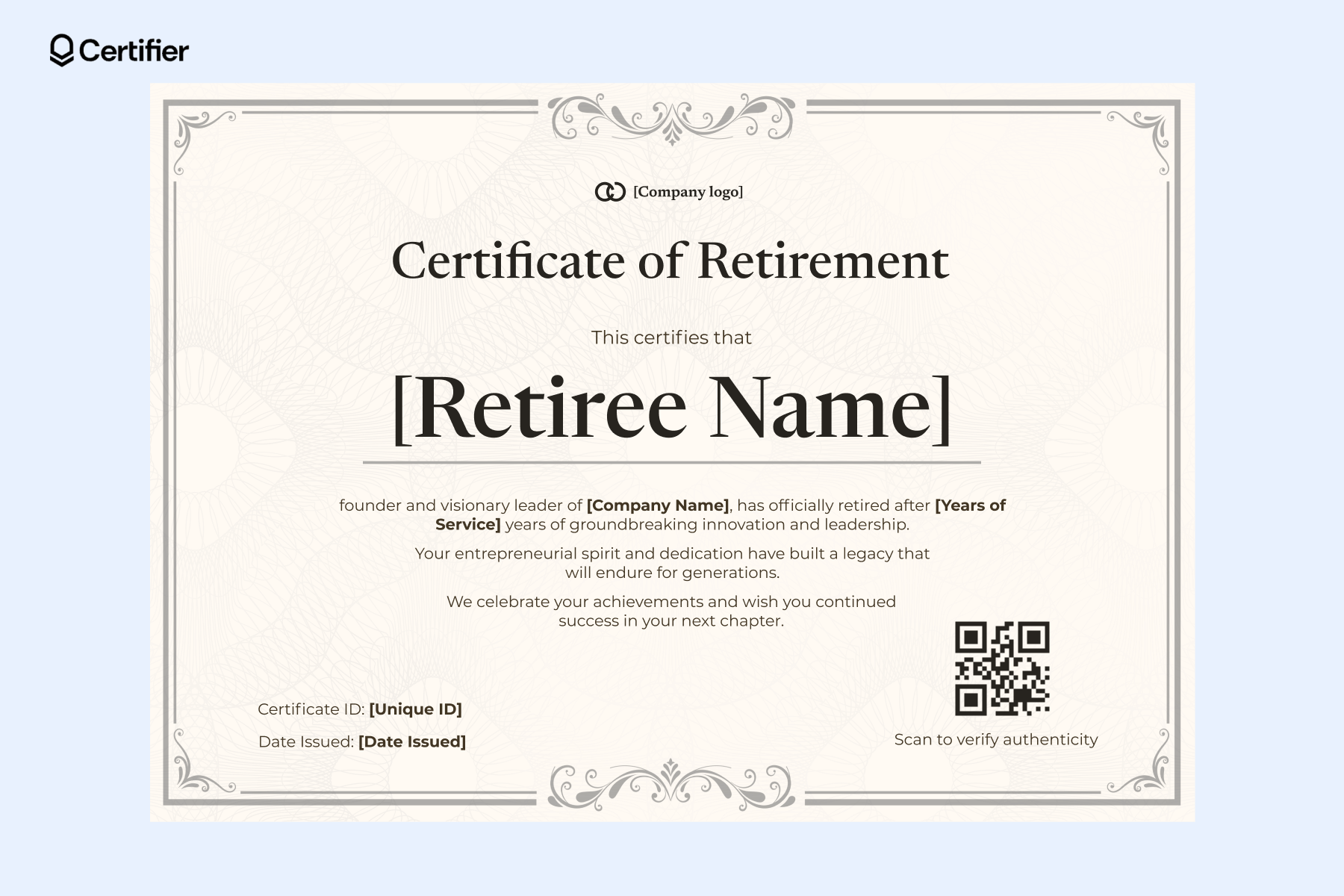 Elegant retirement certificate with ornamental corners, classic fonts and QR code for verification. Elegant retirement certificate with ornamental corners, classic fonts and QR code for verification.