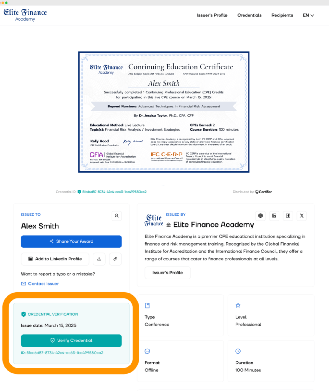 The digital credential verification page demonstrates CPE course credentials and CPE provider details. The digital credential verification page demonstrates CPE course credentials and CPE provider details.