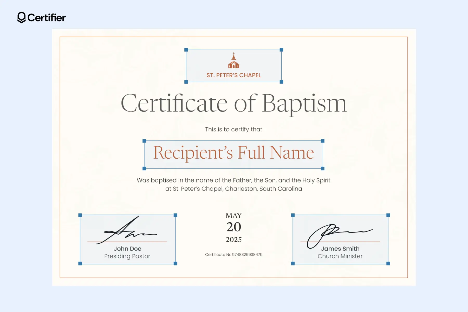 Certificate of baptism template with a soft border and church logo. Certificate of baptism template with a soft border and church logo.