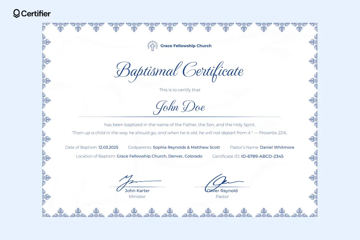 Baptismal certificate template with blue accents and scripture quote. Baptismal certificate template with blue accents and scripture quote.
