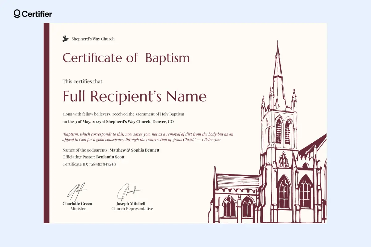 Catholic certificate of baptism template with a hand-drawn church illustration. Catholic certificate of baptism template with a hand-drawn church illustration.