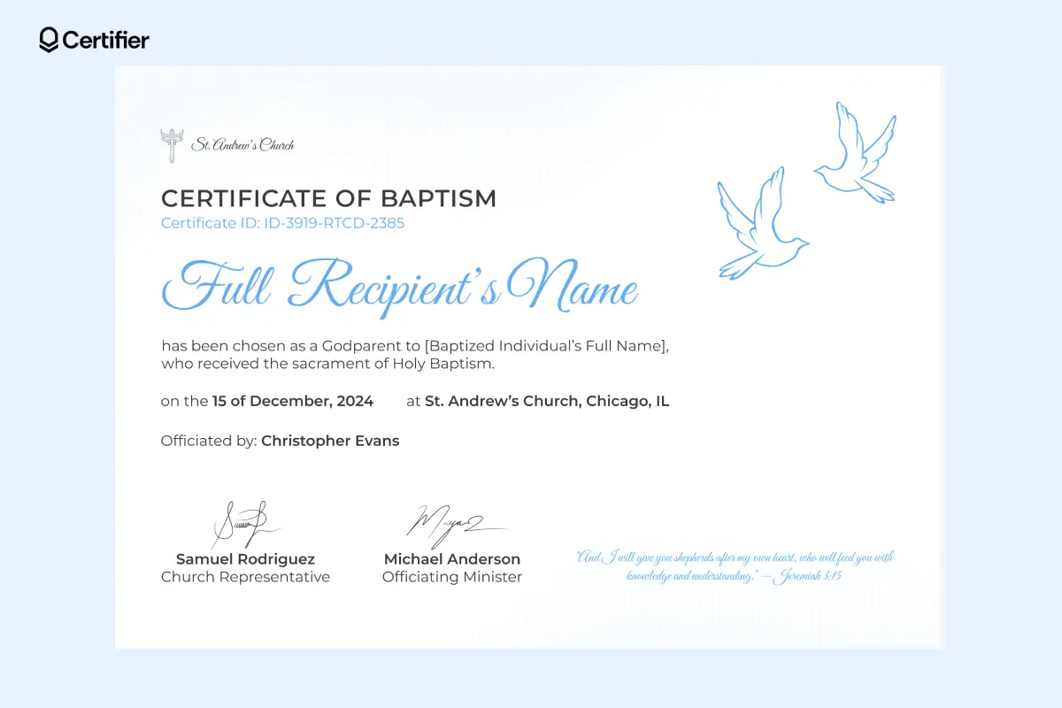 Baptismal certificates template with blue border and dove illustration. Baptismal certificates template with blue border and dove illustration.