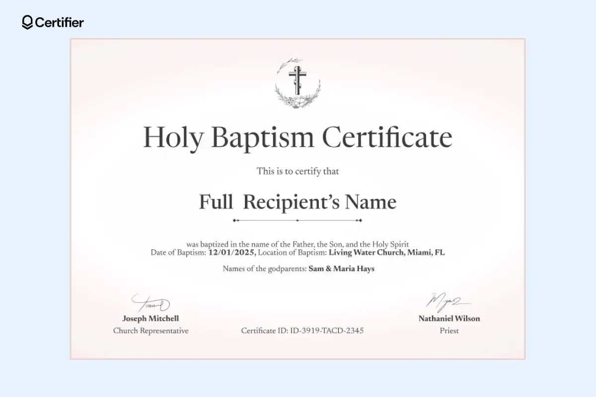 Certificate of baptism template with soft gradient and religious symbol. Certificate of baptism template with soft gradient and religious symbol.