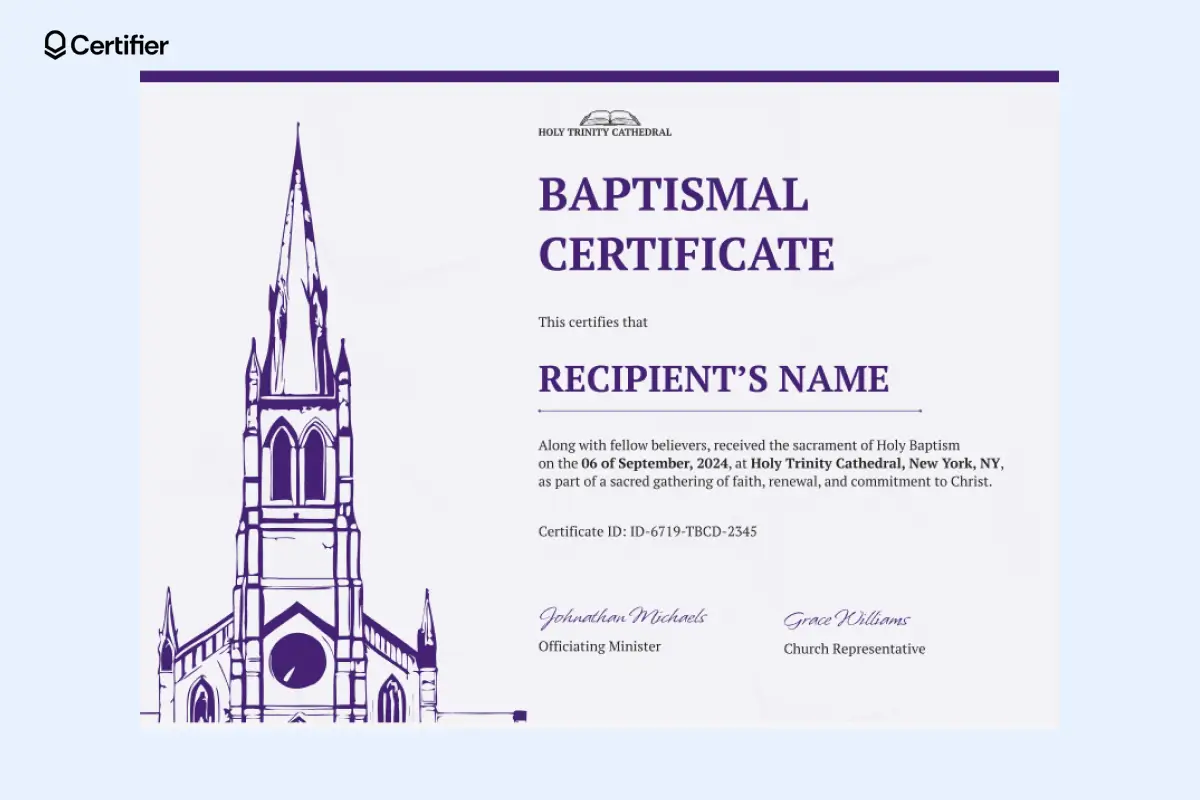 Baptismal certificate with a cathedral illustration and bold typography. Baptismal certificate with a cathedral illustration and bold typography.