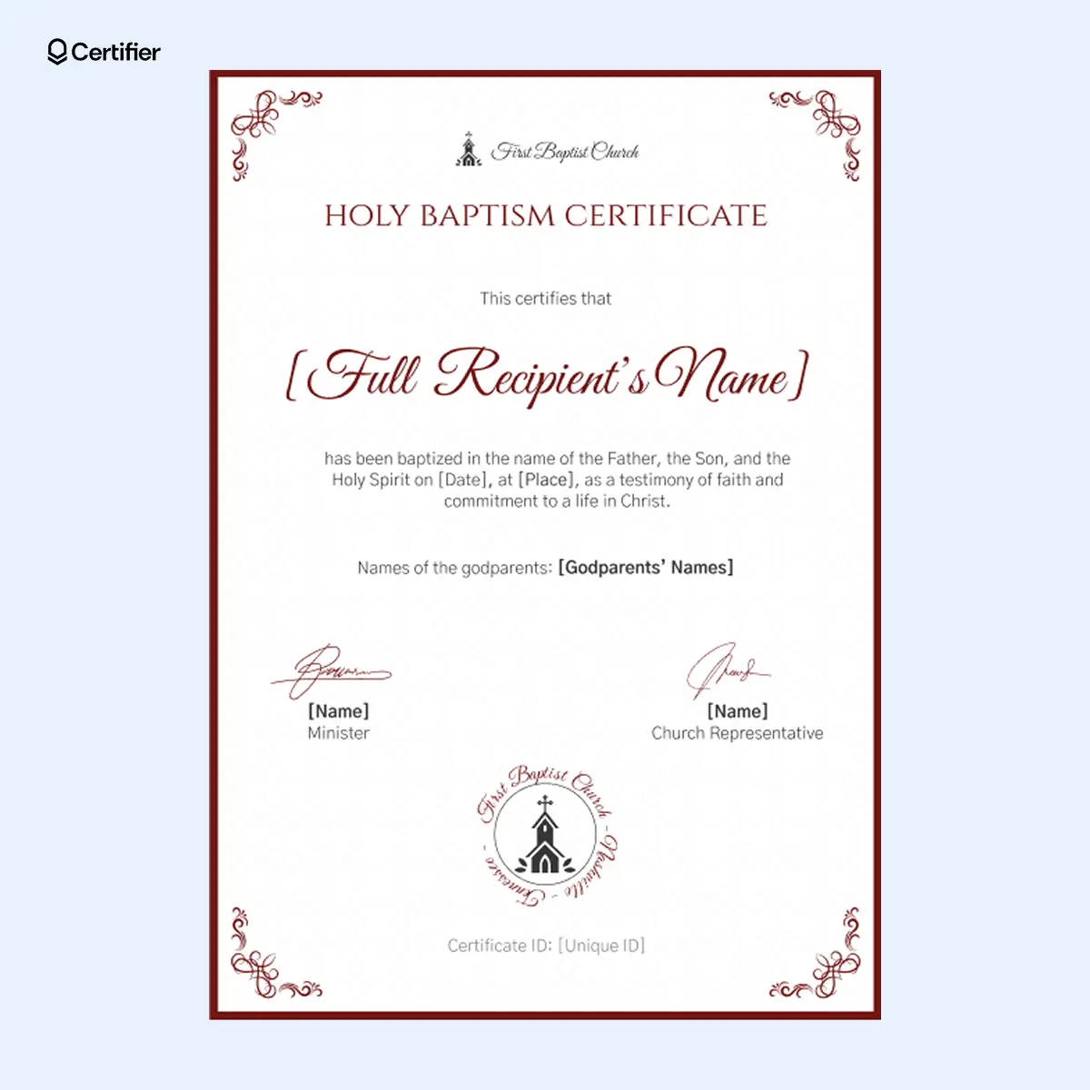 Water baptism certificate with a simple red border and formal layout. Water baptism certificate with a simple red border and formal layout.