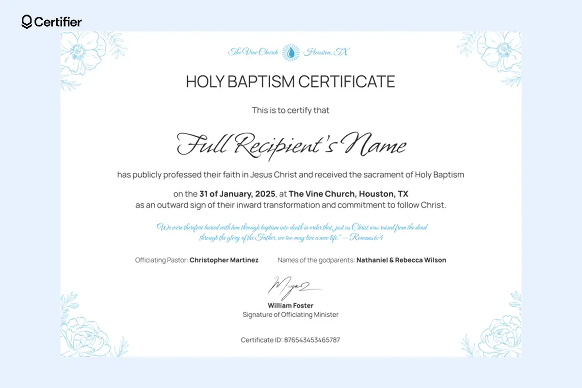 Free printable baptism certificate with a floral border and elegant fonts. Free printable baptism certificate with a floral border and elegant fonts.