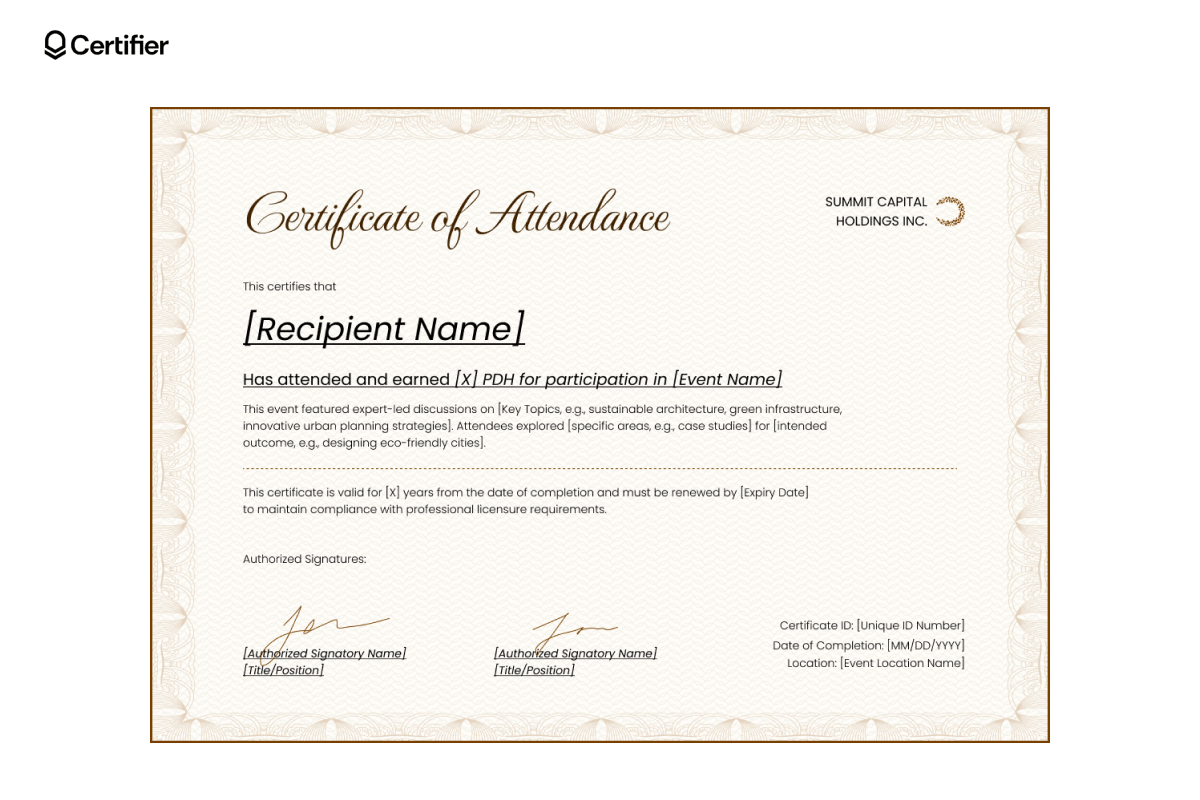 Classic beige PDH certificate template with lace border, italic serif title and editable fields for recipient name, PDH earned, event info and signatures. Classic beige PDH certificate template with lace border, italic serif title and editable fields for recipient name, PDH earned, event info and signatures.