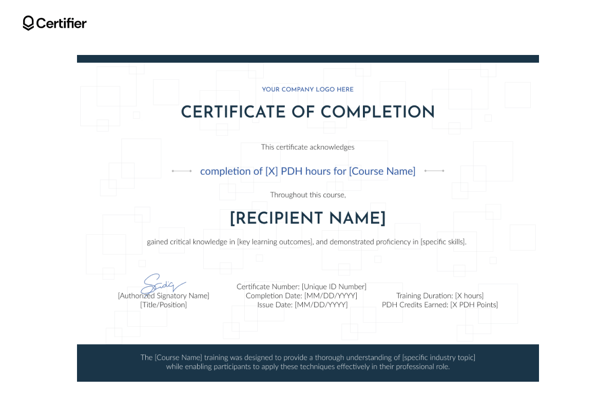 Modern PDH certificate template with clean lines, bold title, editable course info and a disclaimer bar at the bottom. Modern PDH certificate template with clean lines, bold title, editable course info and a disclaimer bar at the bottom.