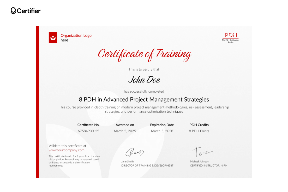 Modern PDH certificate template with red side border, large course title and space for validation URL, PDH credits, dates and signatures. Modern PDH certificate template with red side border, large course title and space for validation URL, PDH credits, dates and signatures.