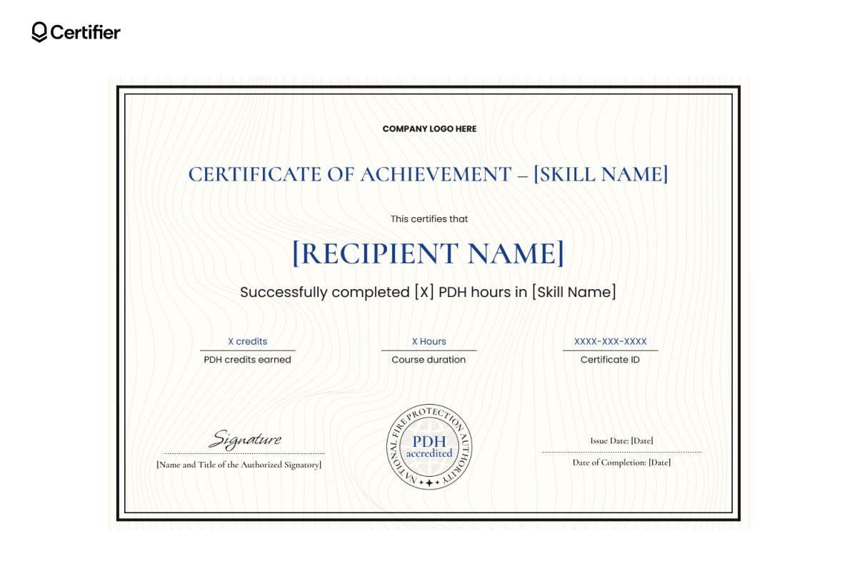 Formal PDH certificate template with topographic background, blue text, accreditation seal and editable fields for PDH credits, duration and certificate ID. Formal PDH certificate template with topographic background, blue text, accreditation seal and editable fields for PDH credits, duration and certificate ID.