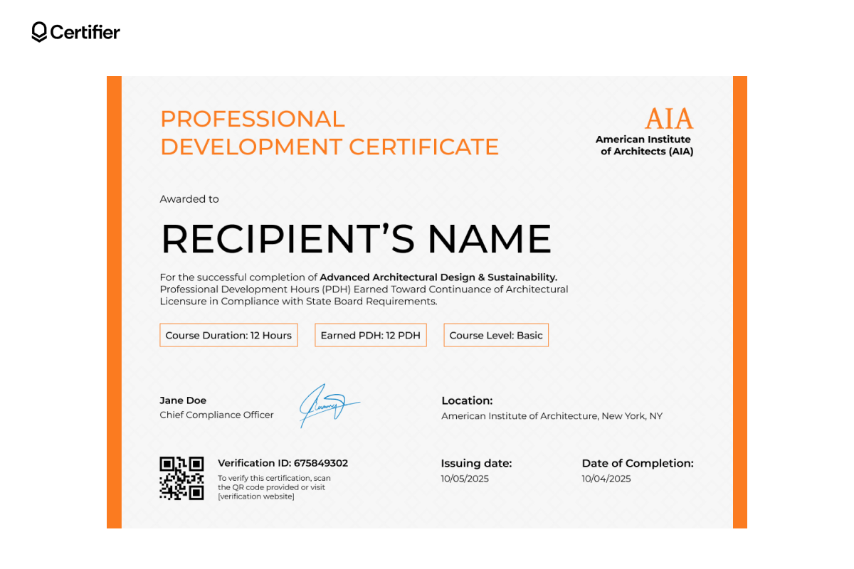 Detailed editable PDH certificate with bold orange sidebar, editable course and PDH info, QR code for verification and fields for training location and issue dates. Detailed editable PDH certificate with bold orange sidebar, editable course and PDH info, QR code for verification and fields for training location and issue dates.