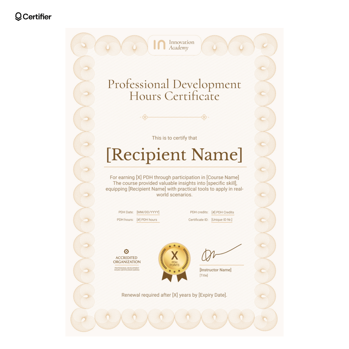 Customizable gold-toned PDH certificate sample with formal spiral border, credit badge, editable skill and renewal fields. Customizable gold-toned PDH certificate sample with formal spiral border, credit badge, editable skill and renewal fields.