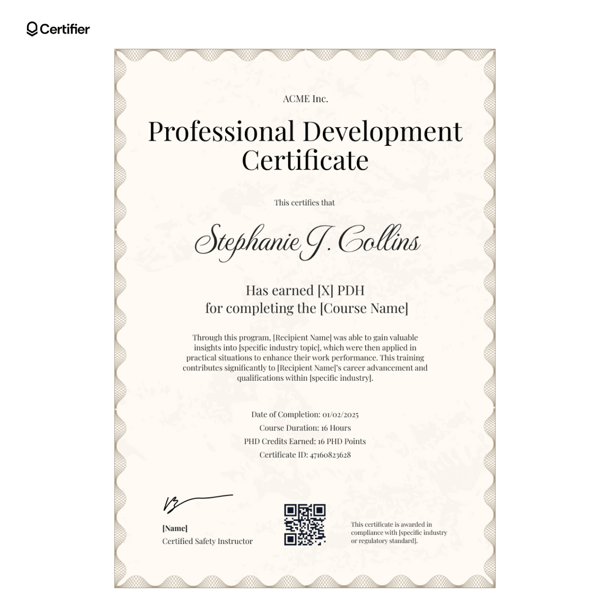 Beige PDH certificate sample with classic border, course summary, QR code and certificate ID section. Beige PDH certificate sample with classic border, course summary, QR code and certificate ID section.