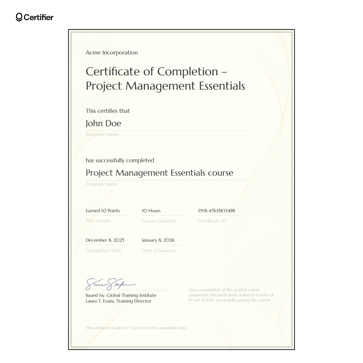 Simple, light PDH certificate with black border, course title, completion info, score and signature line. Simple, light PDH certificate with black border, course title, completion info, score and signature line.