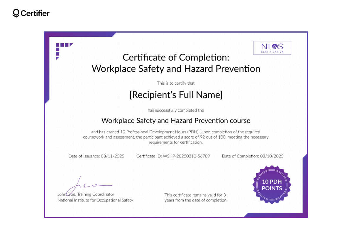Purple-bordered PDH certificate for workplace safety training with score, credit badge, certificate ID and expiration note. Purple-bordered PDH certificate for workplace safety training with score, credit badge, certificate ID and expiration note.