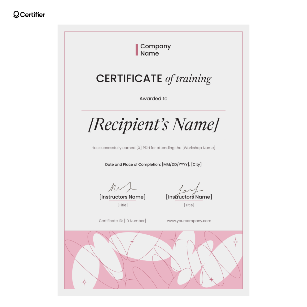 PDH certificate with pink abstract border, recipient name, workshop info, date, city and instructor signature lines. PDH certificate with pink abstract border, recipient name, workshop info, date, city and instructor signature lines.