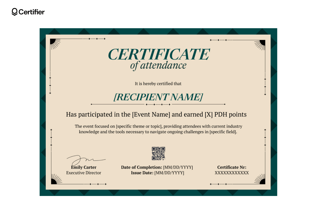 Decorative PDH certificate template with green geometric border, event participation details, space for skills learned, PDH earned and a QR code. Decorative PDH certificate template with green geometric border, event participation details, space for skills learned, PDH earned and a QR code.