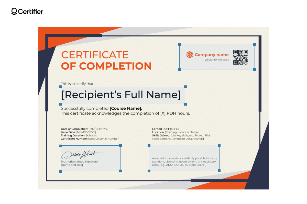 A free PDH certificate template with the dynamic attributes that can be automatically filled in when issuing certificates with Certifier highlighted 