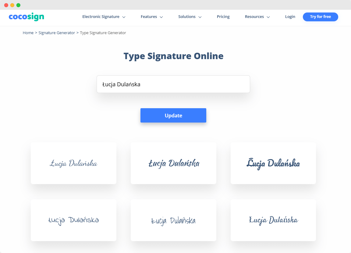 Zrzut ekranu przedstawia darmowy generator czcionek podpisu CocoSign, który umożliwia wpisanie imienia i wybór spośród kilku stylów odręcznego podpisu. Zrzut ekranu przedstawia darmowy generator czcionek podpisu CocoSign, który umożliwia wpisanie imienia i wybór spośród kilku stylów odręcznego podpisu.