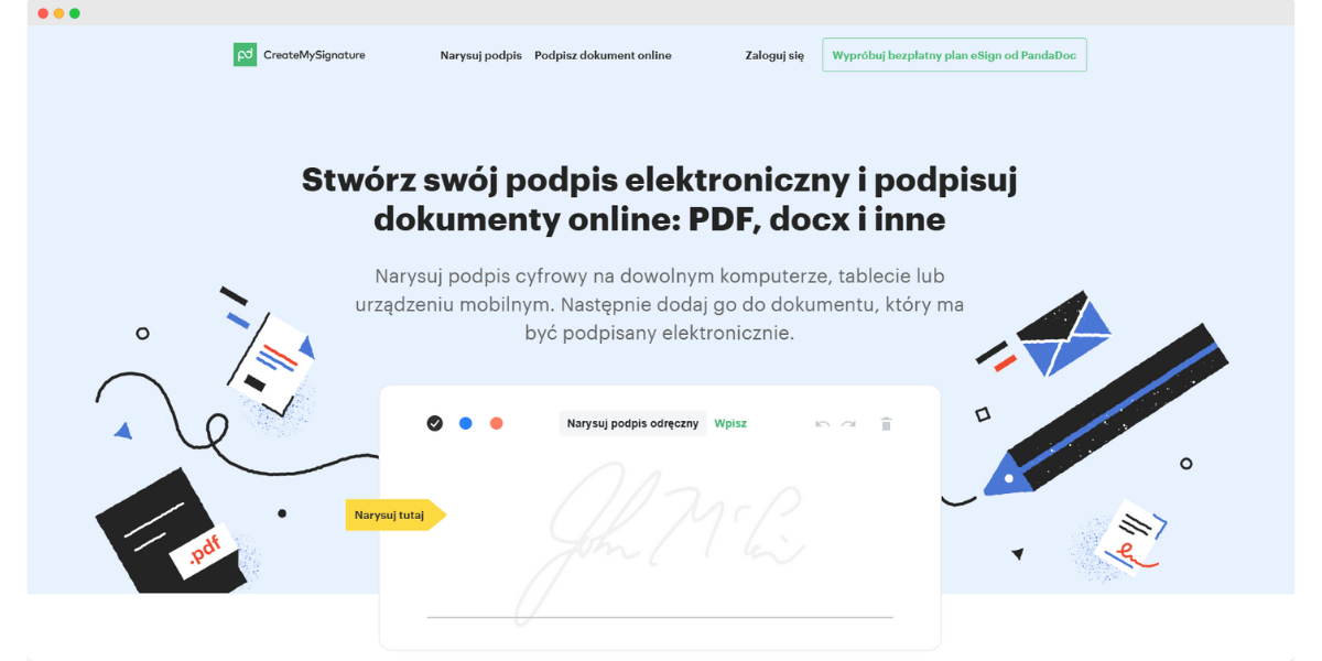 Strona CreateMySignature pokazuje prosty podpis online generator, gdzie można narysować swój podpis elektroniczny i dodać go do dokumentów PDF i Word. Strona CreateMySignature pokazuje prosty podpis online generator, gdzie można narysować swój podpis elektroniczny i dodać go do dokumentów PDF i Word.