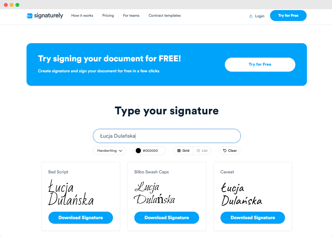 Interfejs Signaturely pozwala wpisać imię i nazwisko, wybrać styl i pobrać podpis, oferując nowoczesny generator podpisów. Interfejs Signaturely pozwala wpisać imię i nazwisko, wybrać styl i pobrać podpis, oferując nowoczesny generator podpisów.