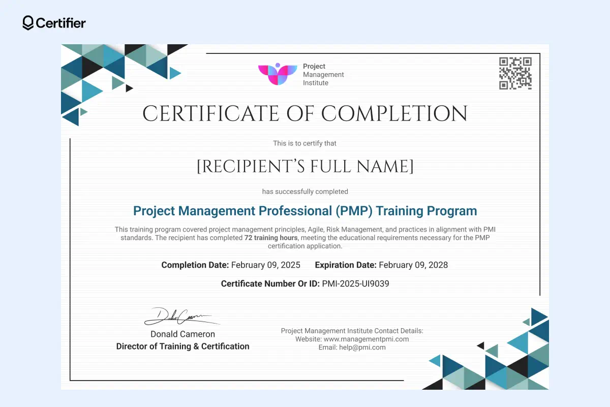 A blue geometric-accented PMP training certificate verifying completion of 72 hours, ideal for use as a pmp certification template. A blue geometric-accented PMP training certificate verifying completion of 72 hours, ideal for use as a pmp certification template.