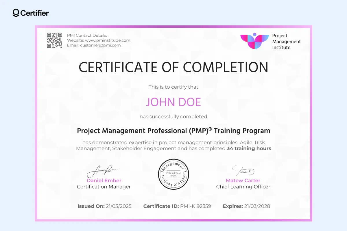 A minimalist pink-outlined certificate awarded to John Doe with 34 training hours listed — another great PMP certification with a QR code for validity check. A minimalist pink-outlined certificate awarded to John Doe with 34 training hours listed — another great PMP certification with a QR code for validity check.