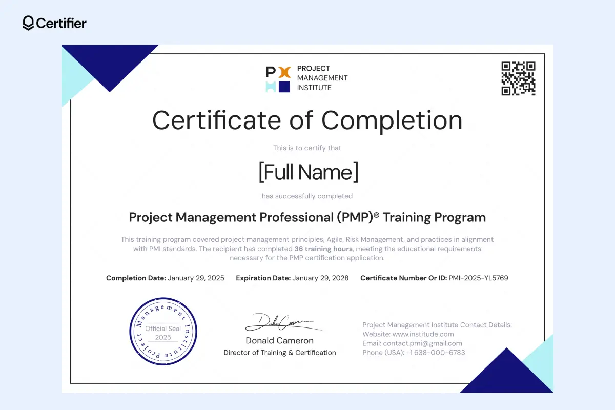 A polished project management certificate sample from PMI, highlighting successful completion of training aligned with PMI standards. A polished project management certificate sample from PMI, highlighting successful completion of training aligned with PMI standards.