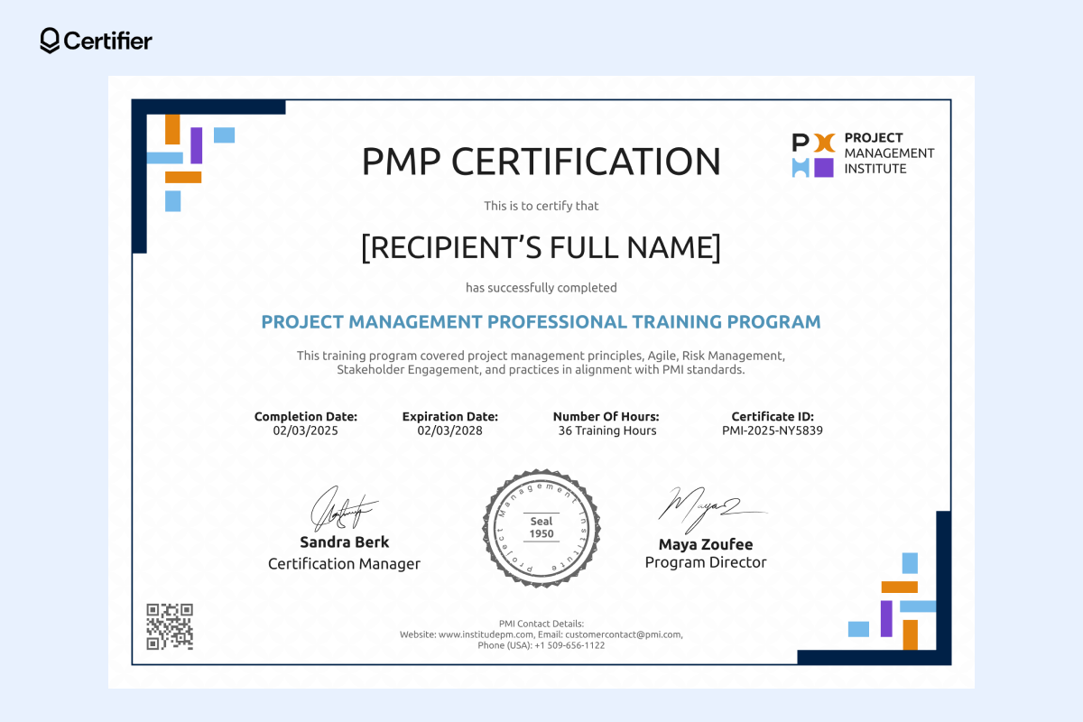A neat, dual-toned document showing a certified PMP training record with 36 hours completed — fits as a project management certificate template. A neat, dual-toned document showing a certified PMP training record with 36 hours completed — fits as a project management certificate template.