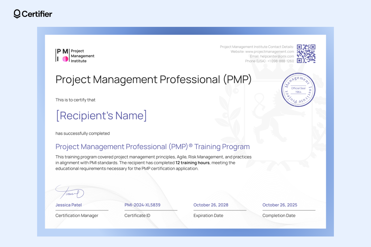 A blue-accented pmp certificate verification document confirming 12 hours of PMP training and featuring a QR code for checking authenticity. A blue-accented pmp certificate verification document confirming 12 hours of PMP training and featuring a QR code for checking authenticity.
