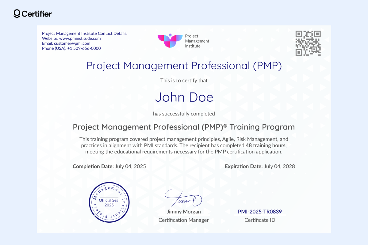 This sample PMP certificate features a pastel-blue design and confirms that John Doe completed a PMP® training program with 48 hours of study. This sample PMP certificate features a pastel-blue design and confirms that John Doe completed a PMP® training program with 48 hours of study.