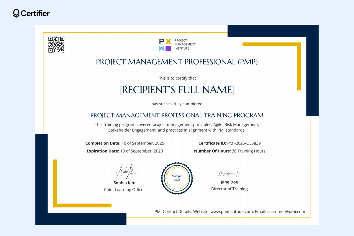 A professionally designed certificate from PX Institute confirming 36 hours of PMP training, ideal as a project management certificate template. A professionally designed certificate from PX Institute confirming 36 hours of PMP training, ideal as a project management certificate template.