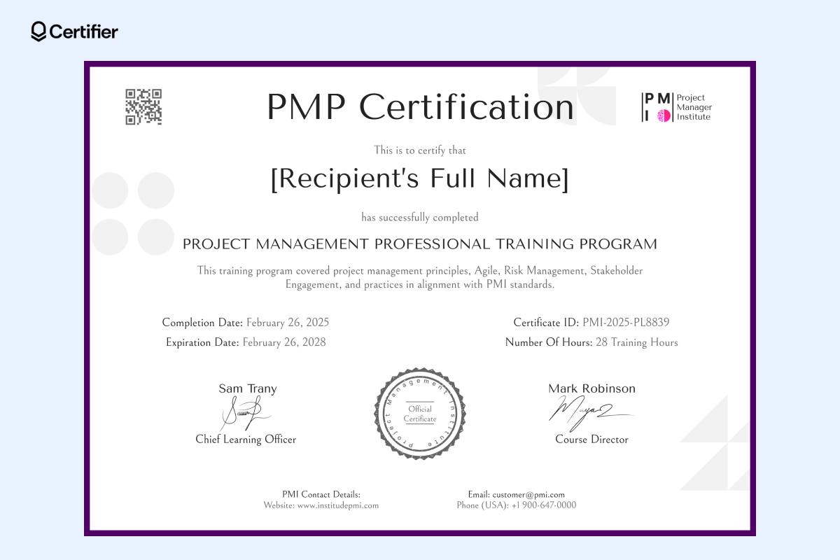 A blue-accented digital certificate indicating completion of 12 hours of PMP training, used as a PMP certification template. A blue-accented digital certificate indicating completion of 12 hours of PMP training, used as a PMP certification template.