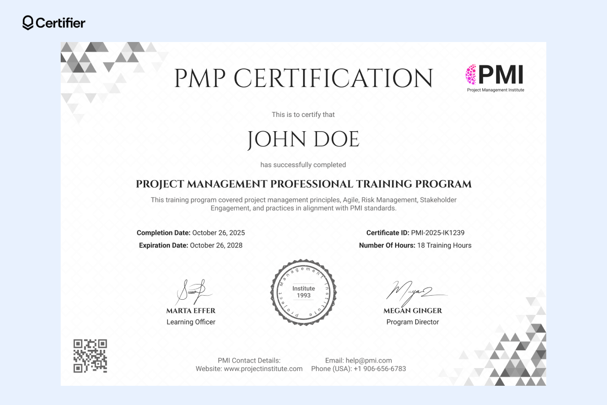 A grayscale PMP sample certificate awarded to John Doe with detailed training information and a bold certification ID for authenticity. A grayscale PMP sample certificate awarded to John Doe with detailed training information and a bold certification ID for authenticity.