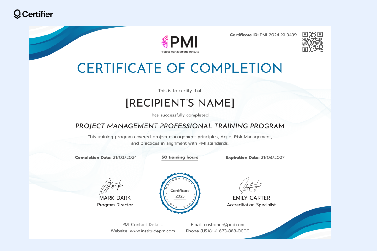 This blue-accented certificate highlights 50 training hours and is a clean, modern PMP certification template used for PMP program completions. This blue-accented certificate highlights 50 training hours and is a clean, modern PMP certification template used for PMP program completions.