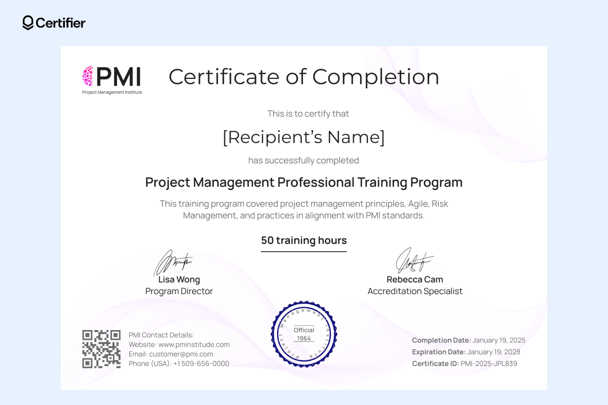 A sleek PMI certificate of completion with 50 training hours and pastel design, ideal as a project management certificate sample. A sleek PMI certificate of completion with 50 training hours and pastel design, ideal as a project management certificate sample.