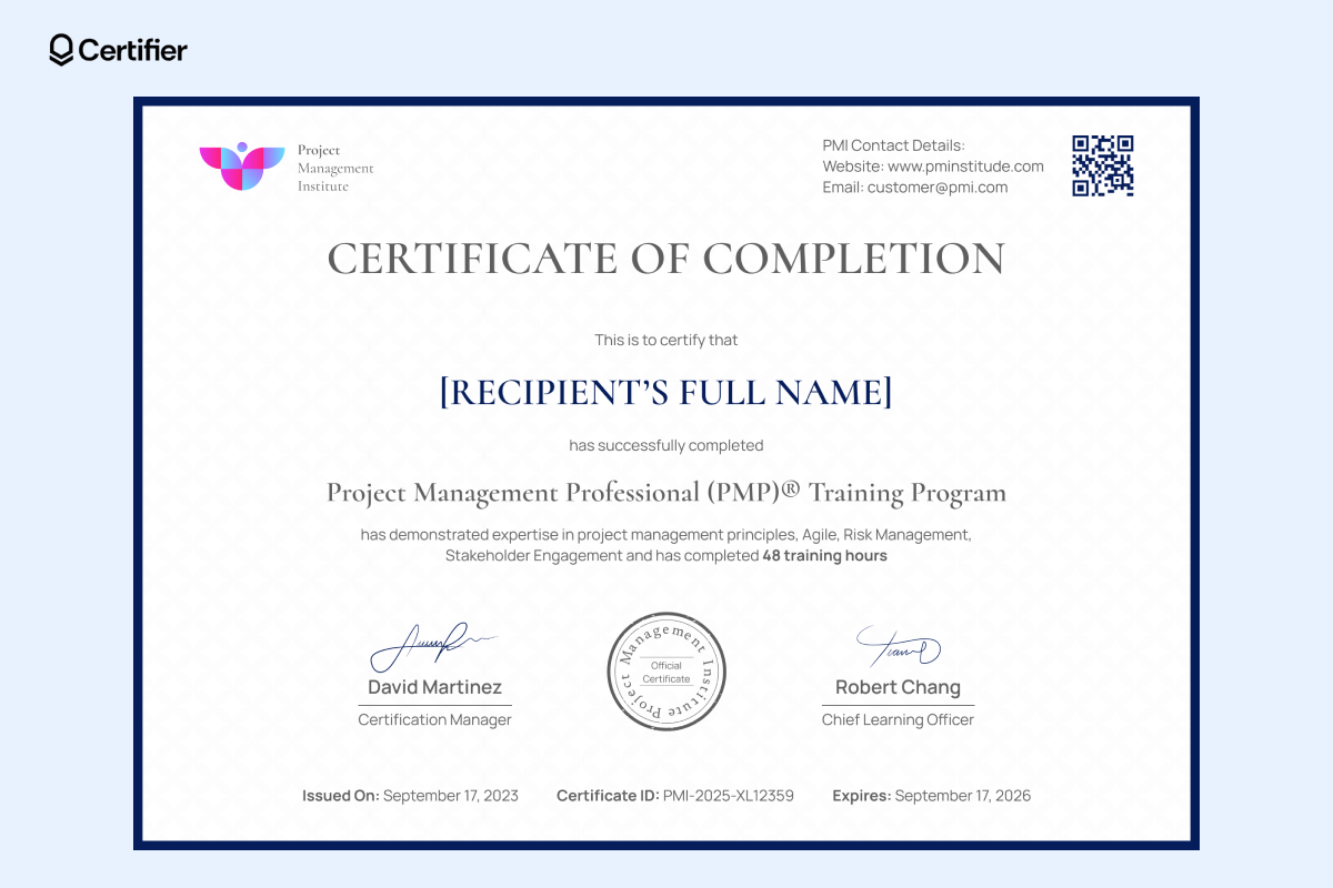 This digital PMP certificate sample PDF showcases training completion with signatures, official seals and a QR code for verification. This digital PMP certificate sample PDF showcases training completion with signatures, official seals and a QR code for verification.