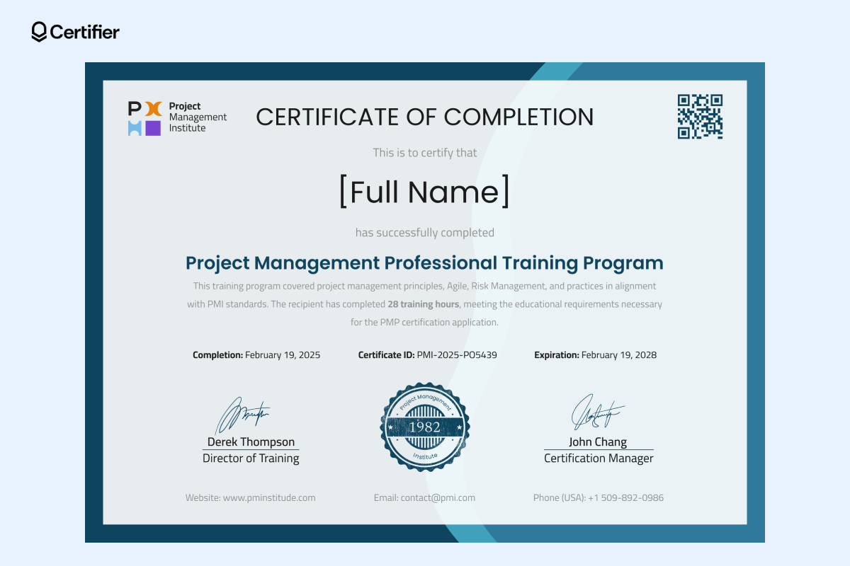 Blue-bordered project management certificate template issued for completing 28 hours of PMP-aligned training, with a seal and contact info Blue-bordered project management certificate template issued for completing 28 hours of PMP-aligned training, with a seal and contact info